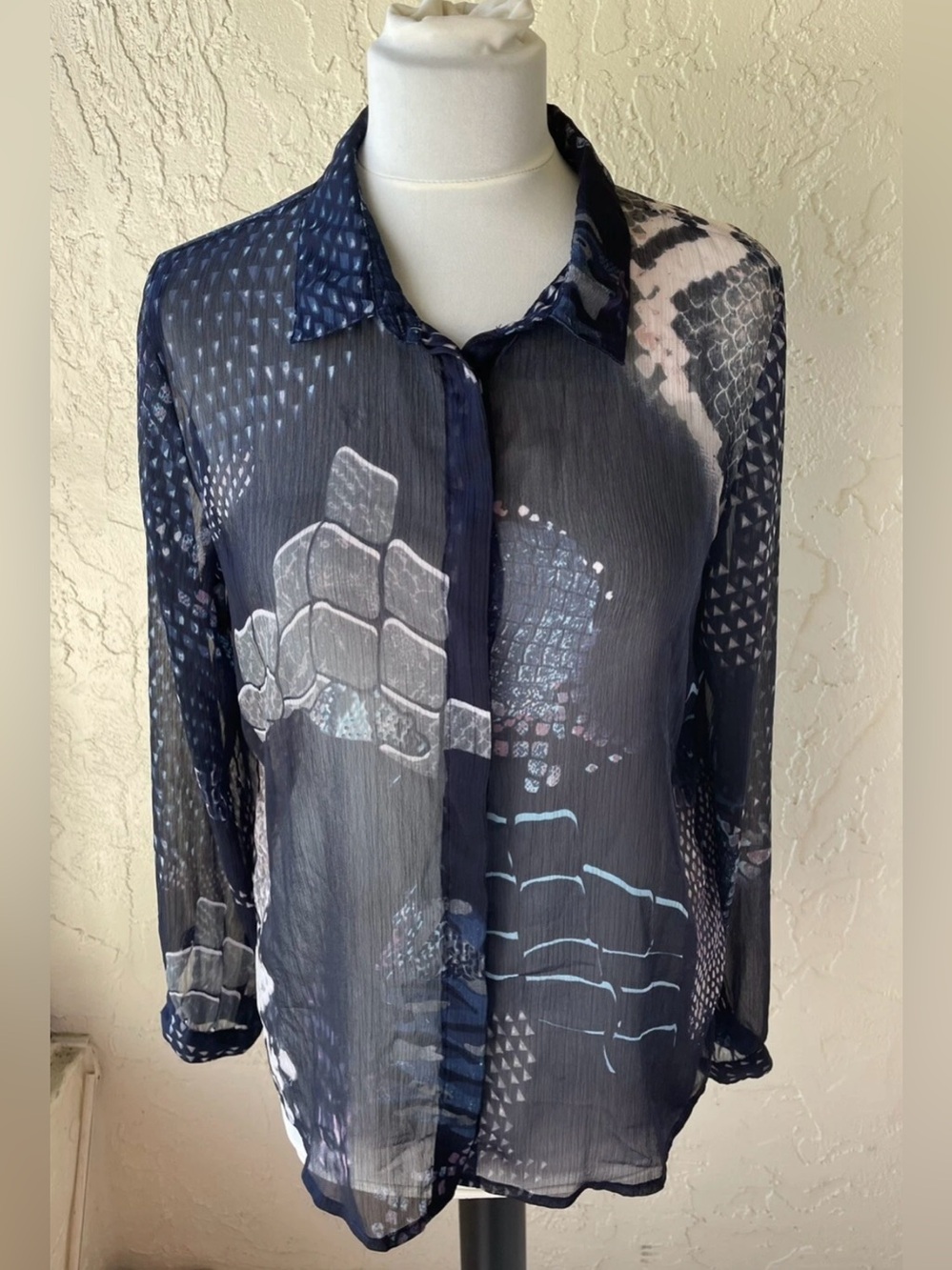 Vila Women Button Down Shirt L Blue Sheer Blouse Long Sleeves Artsy Career